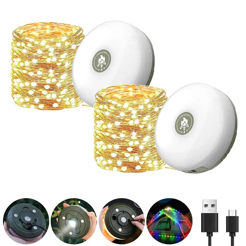 Camping String Lights 10m 33Ft Licht mit Laternen 2 in 1 Design Camping Lichter 2000mAh IPX6 wasserdicht wiederaufladbare Taschenlampen 2 Sück