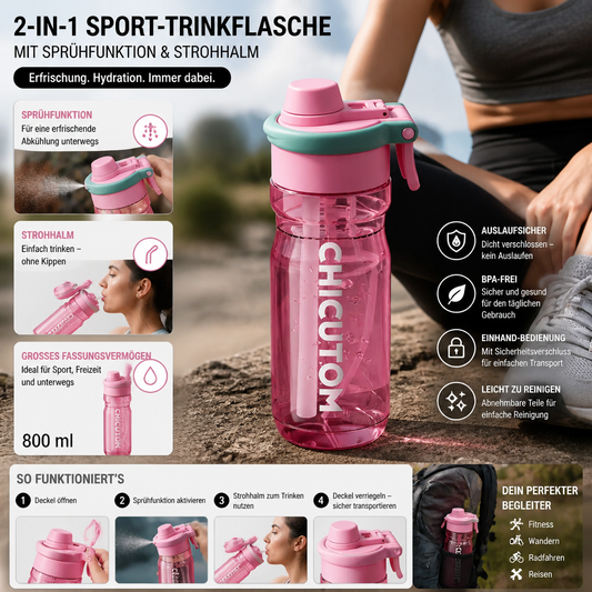 Sportflasche 2in1 mit Sprüh & Strohhalm auslaufsicher 800ml