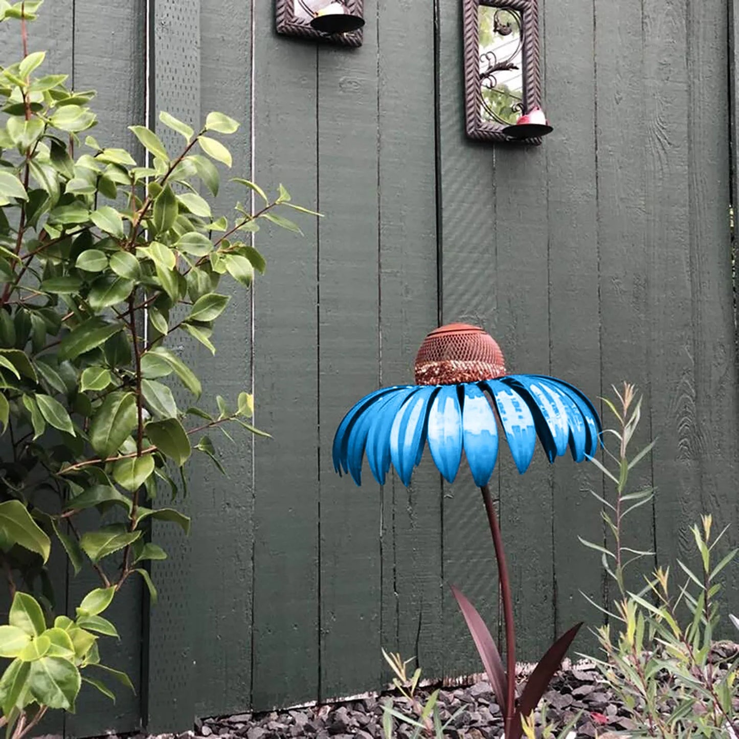 Vogelfutterspender Flasche mit Ständer Metall Blume geformt Outdoor Garten Dekoration Coneflower Container Futterhaus blau garten