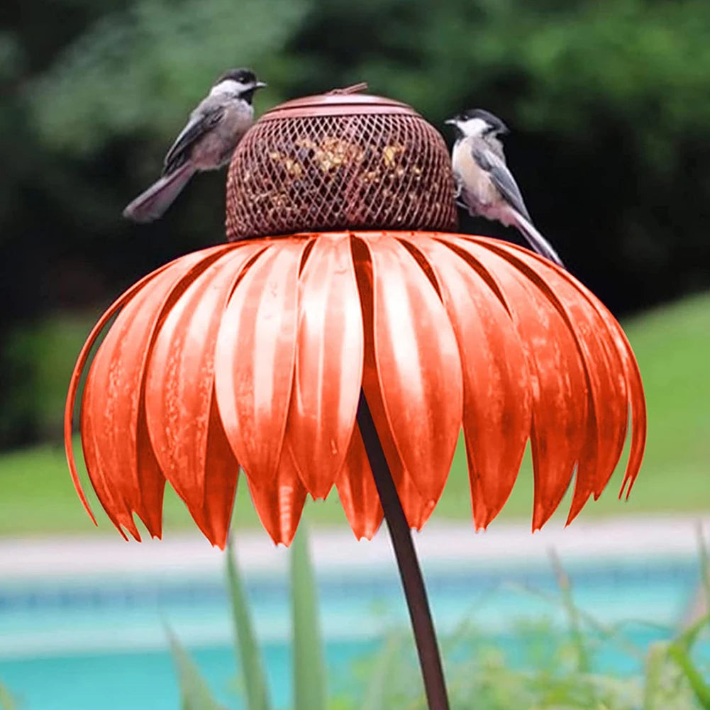 Vogelfutterspender Flasche mit Ständer Metall Blume geformt Outdoor Garten Dekoration Coneflower Container Futterhaus orange vöge