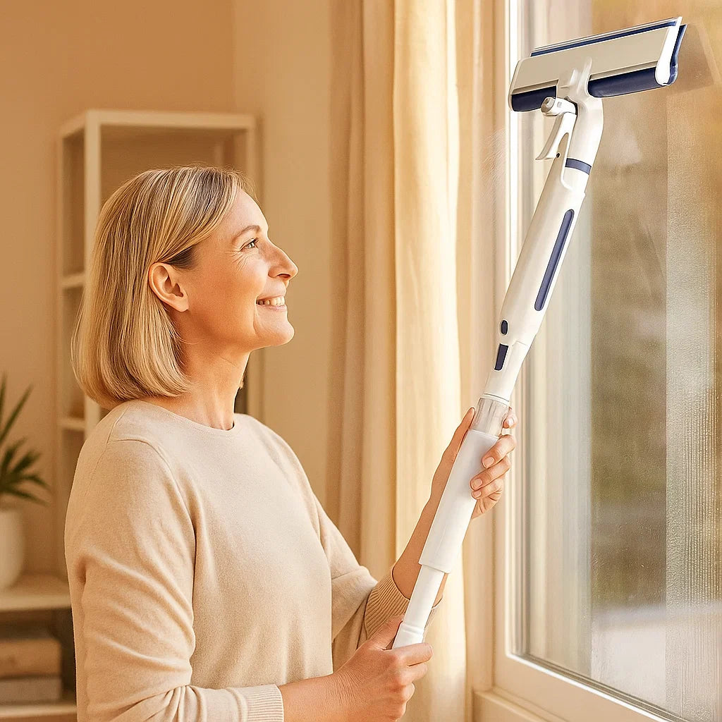 Teleskopischer 3‑in‑1 Fensterreiniger – mit Sprühfunktion & integriertem Behälter