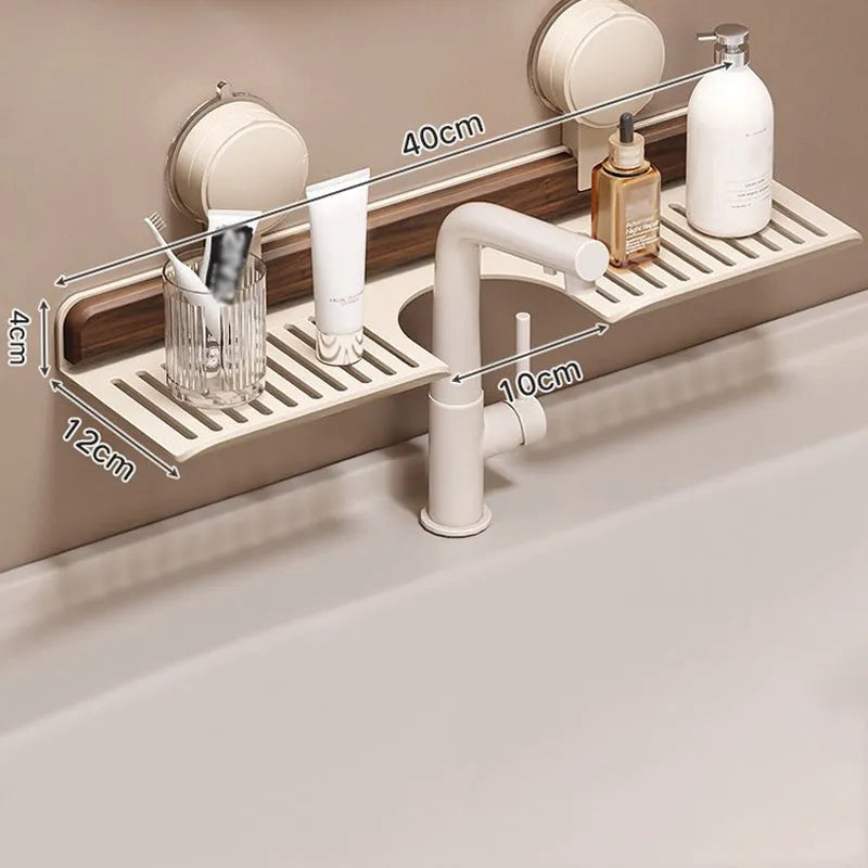 Saugnapf-Waschbeckenablage im Walnuss-Design – Ordnung im Bad ohne Bohren