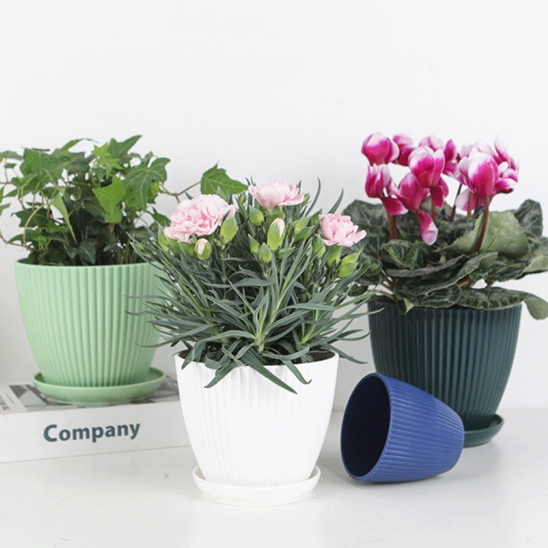 Pflanztopf mit Rillen & Untersetzer – Kunststoff, stabil – Garten & Outdoor | BEST-AMBIENCE