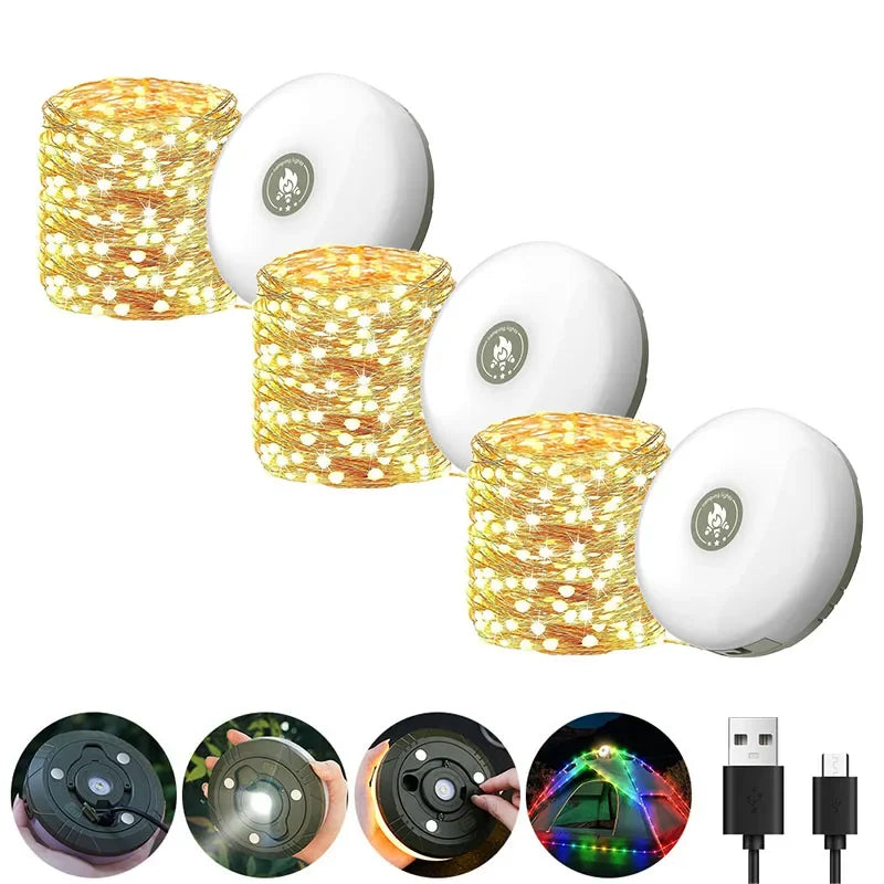 Camping String Lights 10m 33Ft Licht mit Laternen 2 in 1 Design Camping Lichter 2000mAh IPX6 wasserdicht wiederaufladbare Taschenlampen 3 Stück