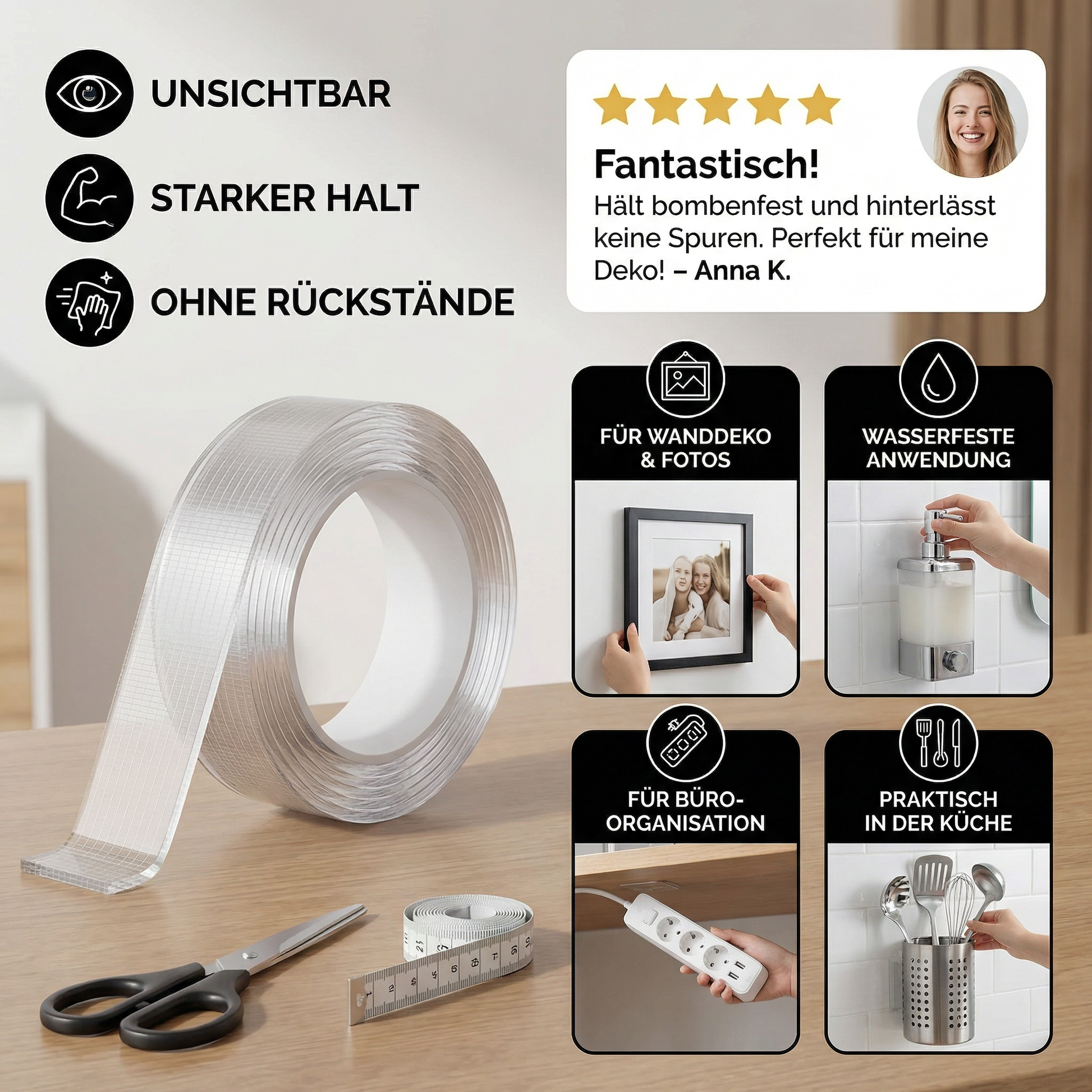 Doppelseitiges Klebeband – stark, unsichtbar, rückstandsfrei - Detailansicht 3 | BEST-AMBIENCE