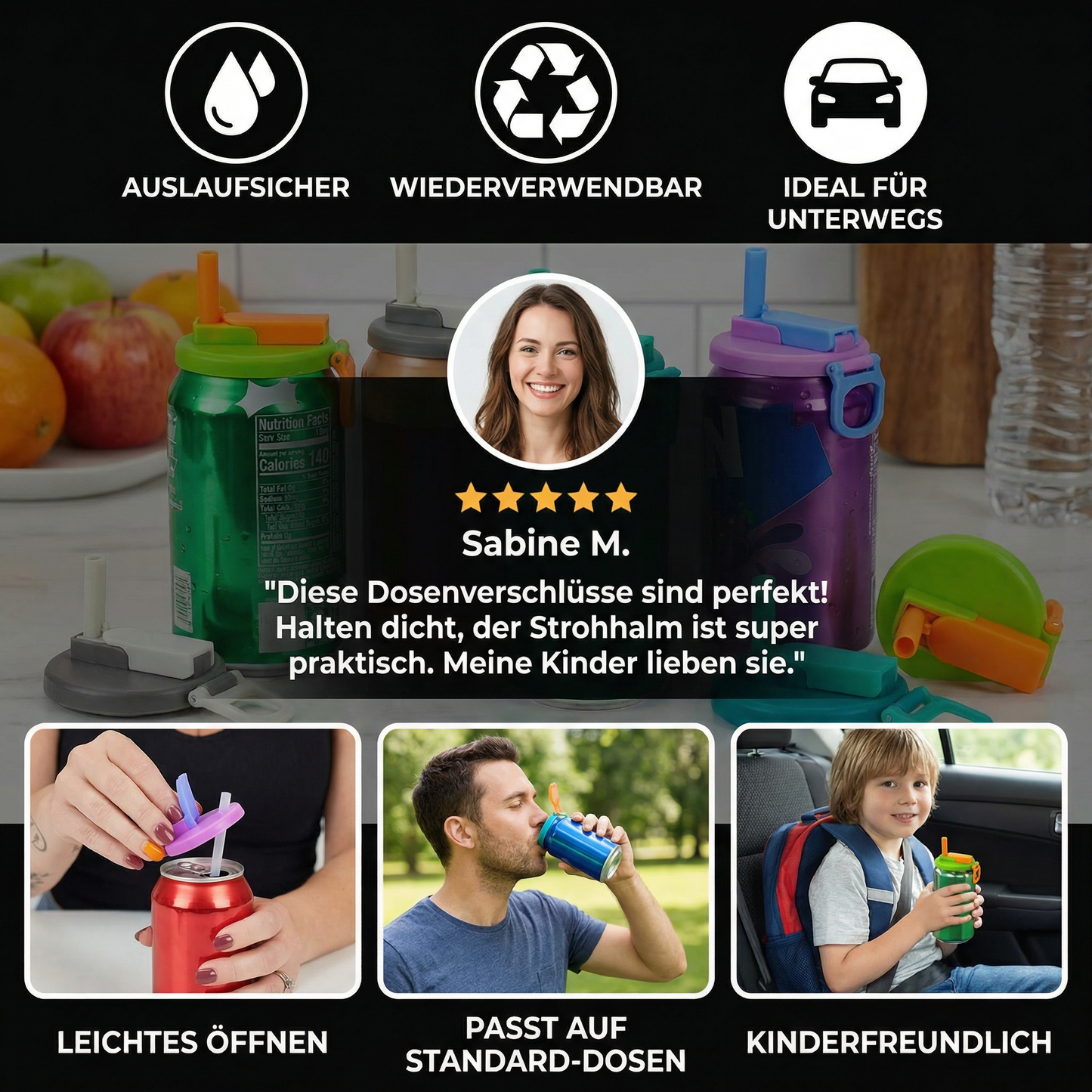 Silikon-Dosendeckel mit Strohhalm, auslaufsicher, 2er-Set - Detailansicht 5 | BEST-AMBIENCE