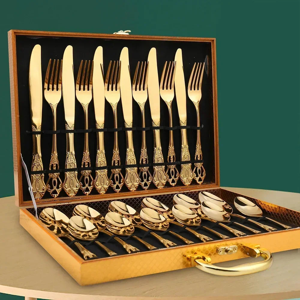 Goldbesteck-Set 24-teilig mit elegantem Dekor – Küche & Kochen | BEST-AMBIENCE