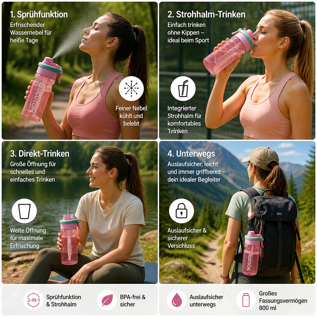 Sportflasche 2in1 mit Sprüh & Strohhalm auslaufsicher Anwendung