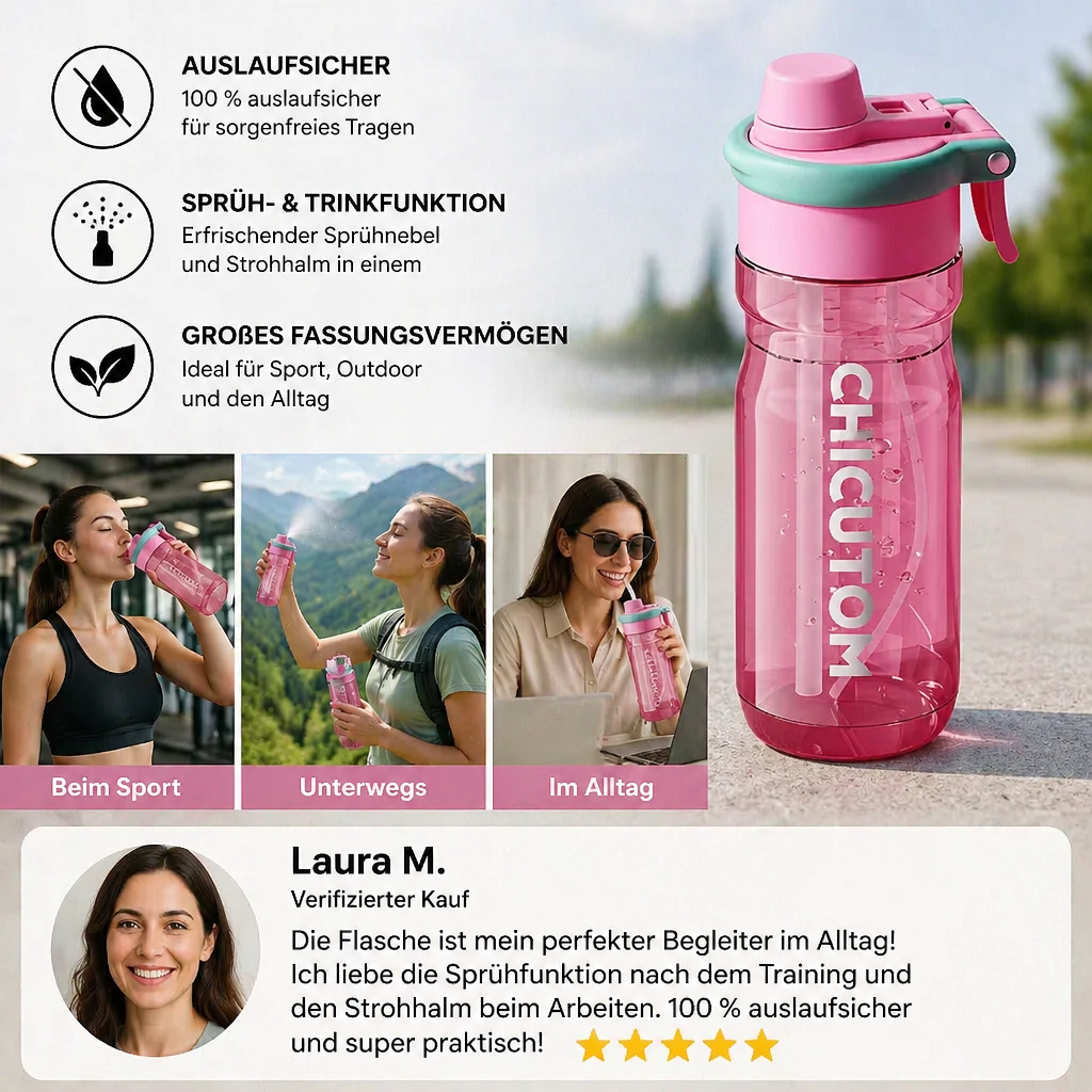 Sportflasche 2in1 mit Sprüh & Strohhalm auslaufsicher Auslaufsicher