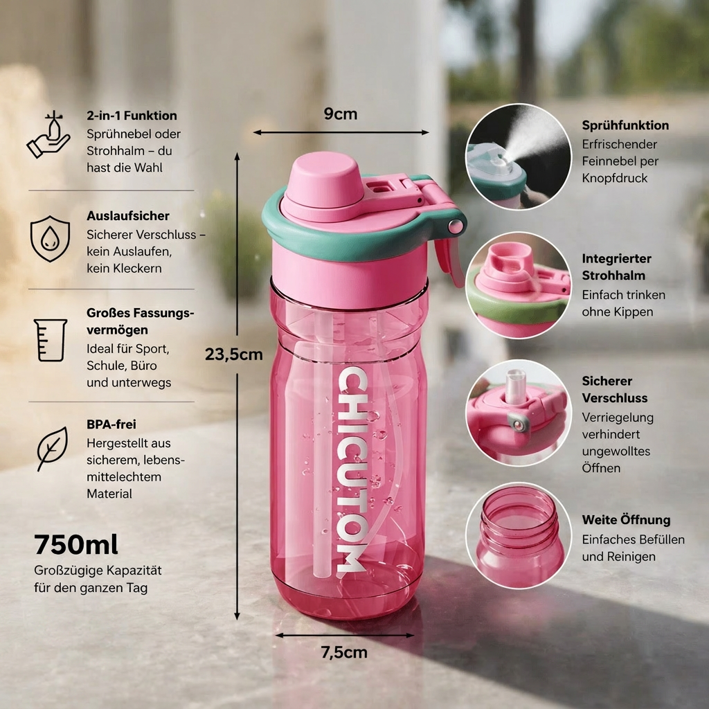 Sportflasche 2in1 mit Sprüh & Strohhalm auslaufsicher Maße