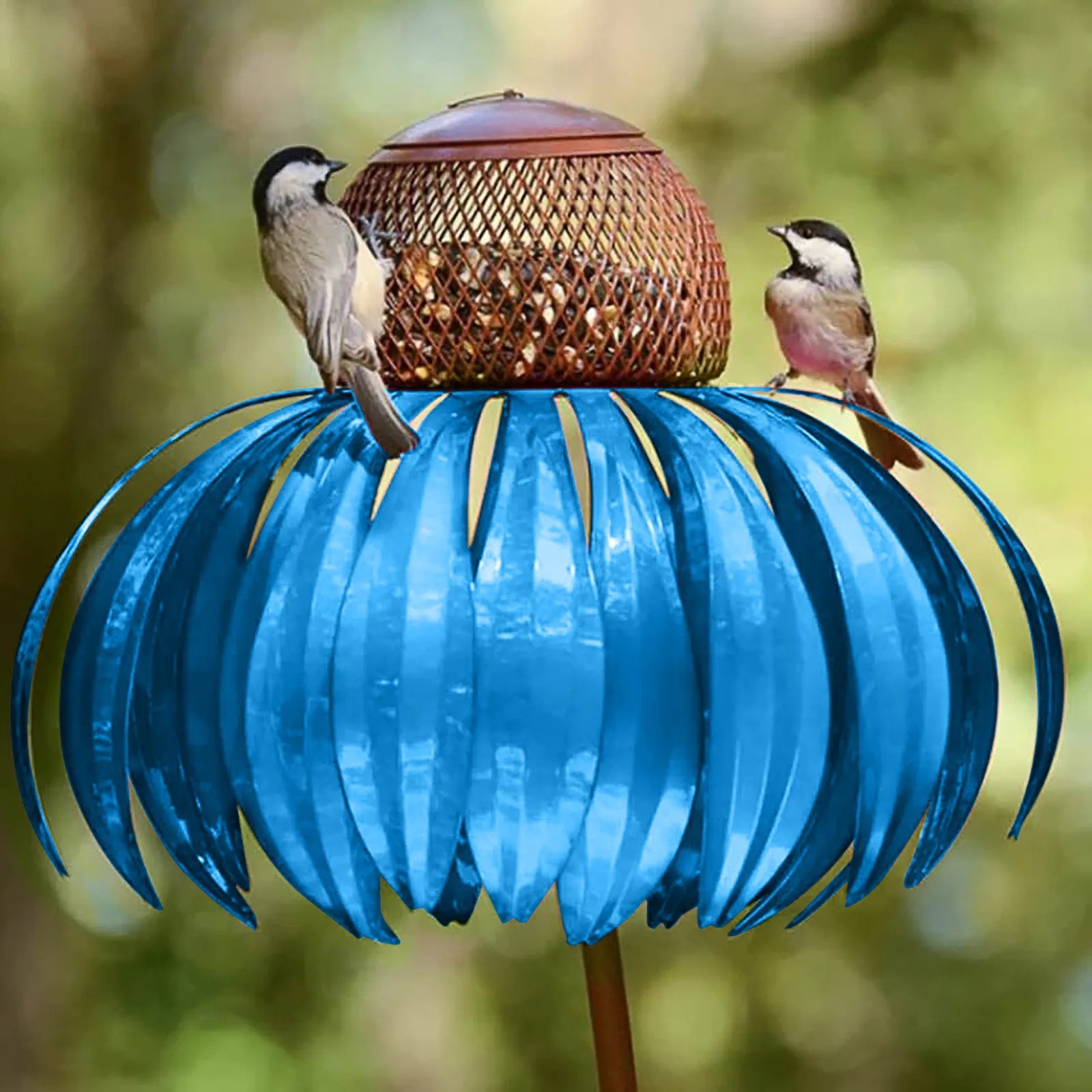 Vogelfutterspender Flasche mit Ständer Metall Blume geformt Outdoor Garten Dekoration Coneflower Container Futterhaus blau