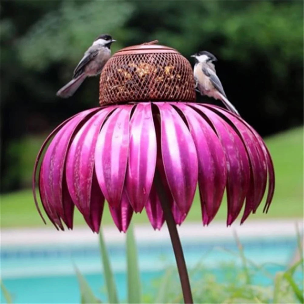Vogelfutterspender Flasche mit Ständer Metall Blume geformt Outdoor Garten Dekoration Coneflower Container Futterhaus rot vögel