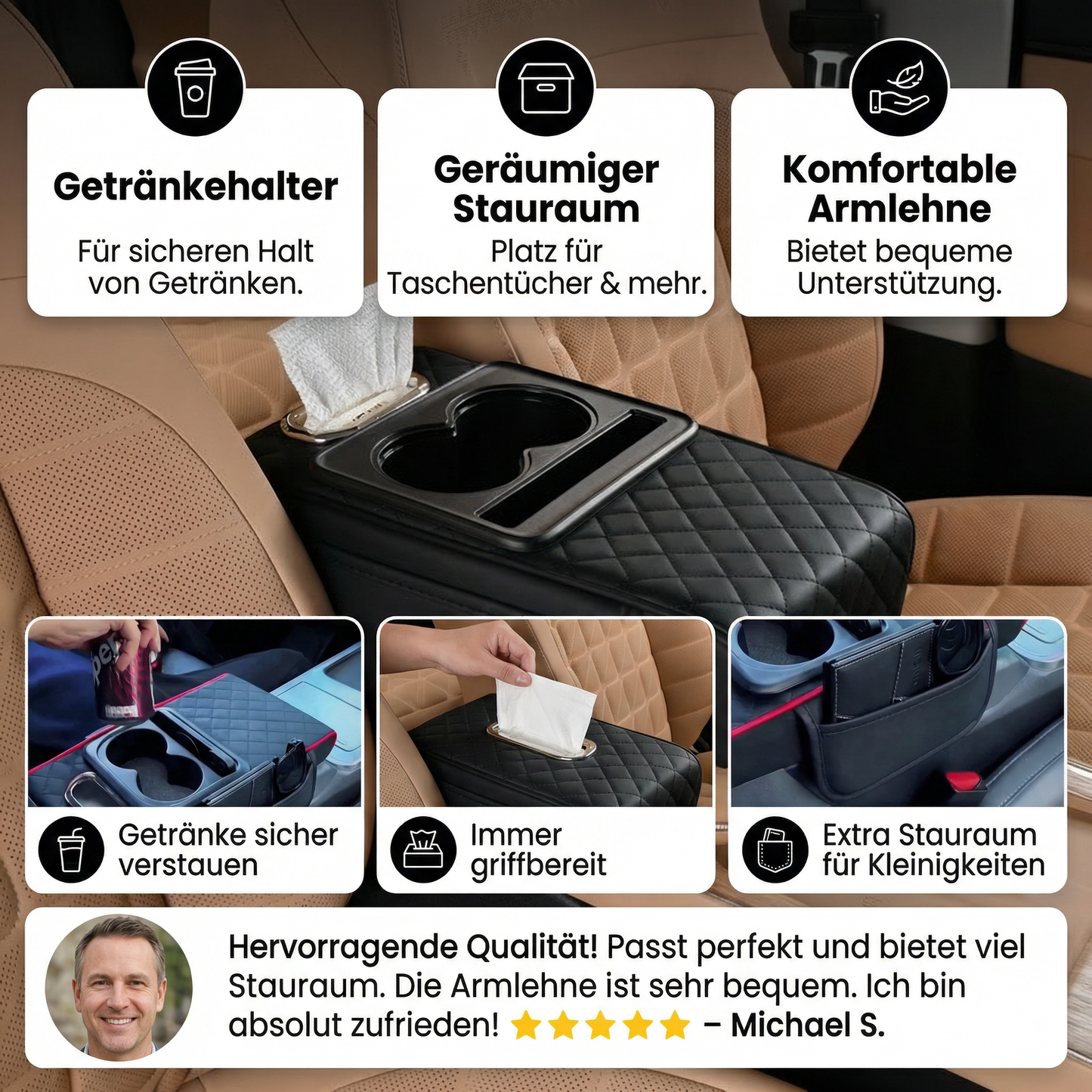 Armlehne Auto mit Getränkehalter & Ablage - Detailansicht 3 | BEST-AMBIENCE