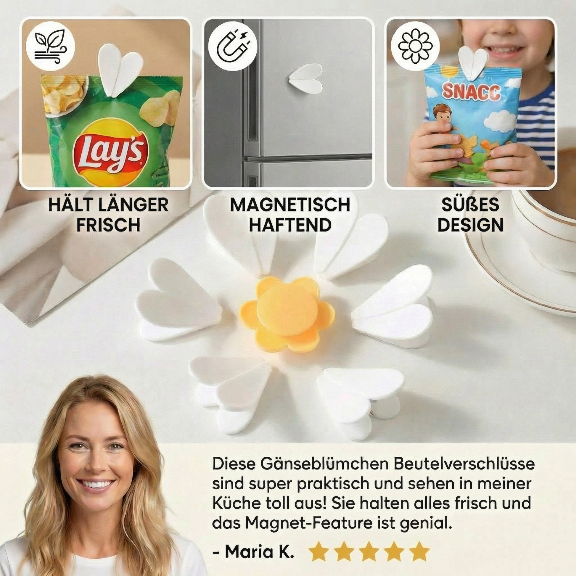 Beutelverschlüsse Gänseblümchen 4er-Set Snacks Lebensmittel - Detailansicht 3 | BEST-AMBIENCE