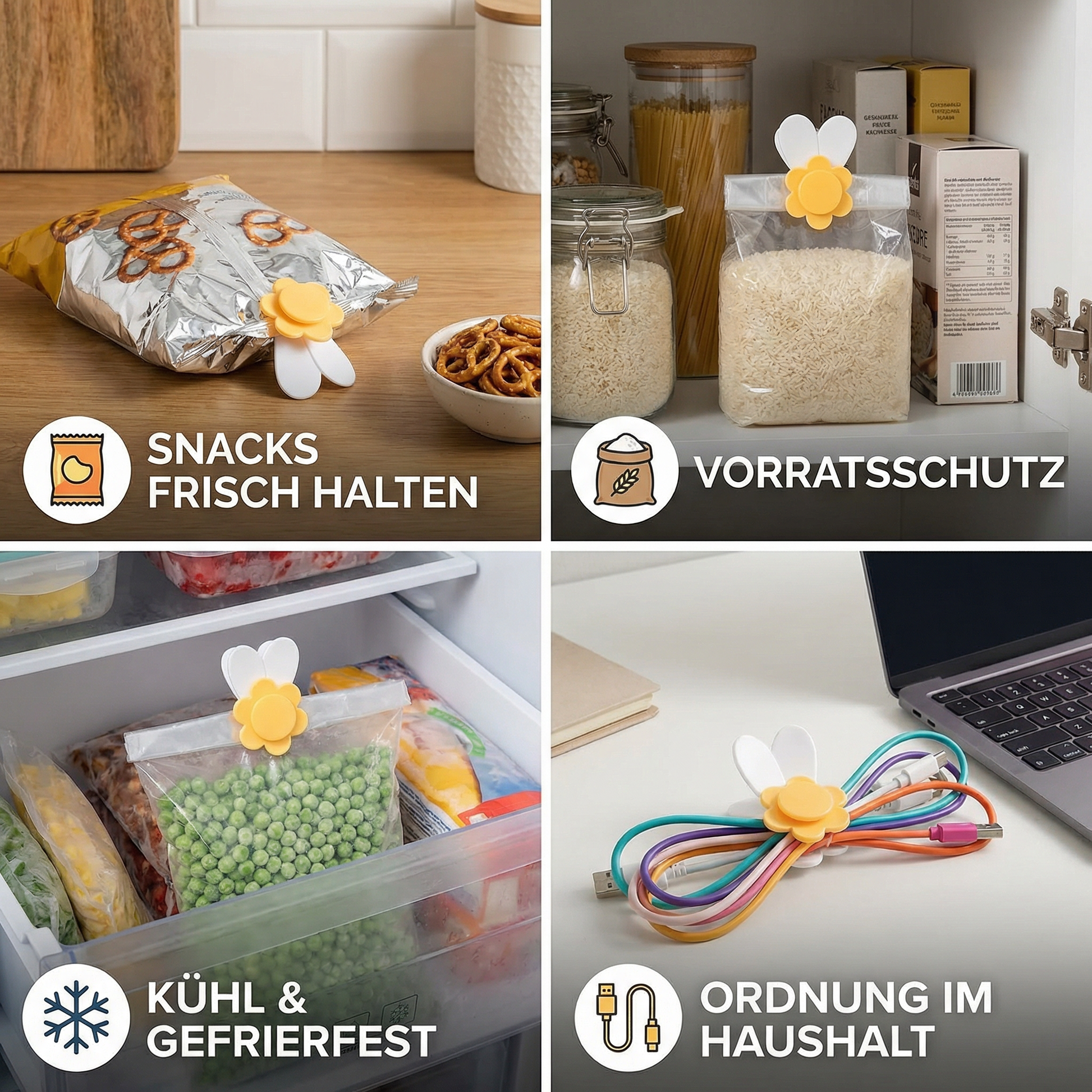 Beutelverschlüsse Gänseblümchen 4er-Set Snacks Lebensmittel - Detailansicht 4 | BEST-AMBIENCE