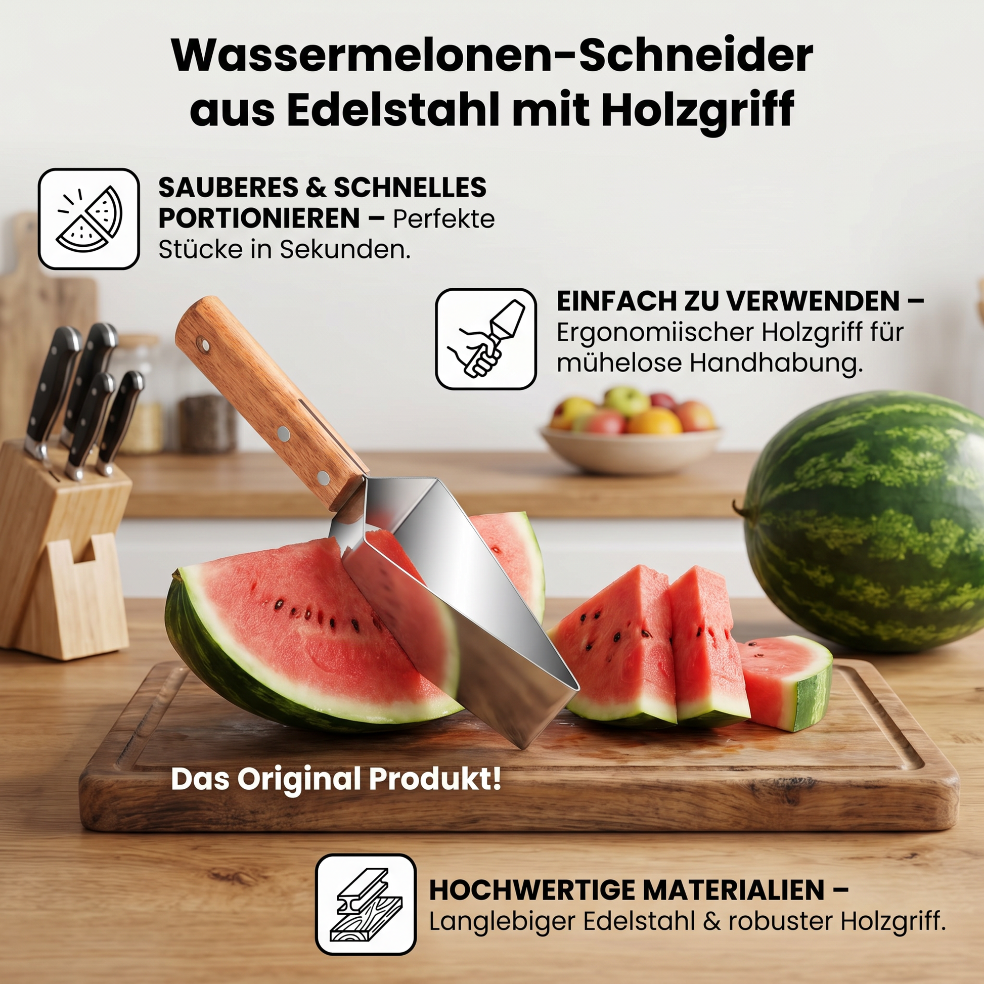 Edelstahl Wassermelonen-Teiler mit Holzgriff – Schnell - Detailansicht 2 | BEST-AMBIENCE