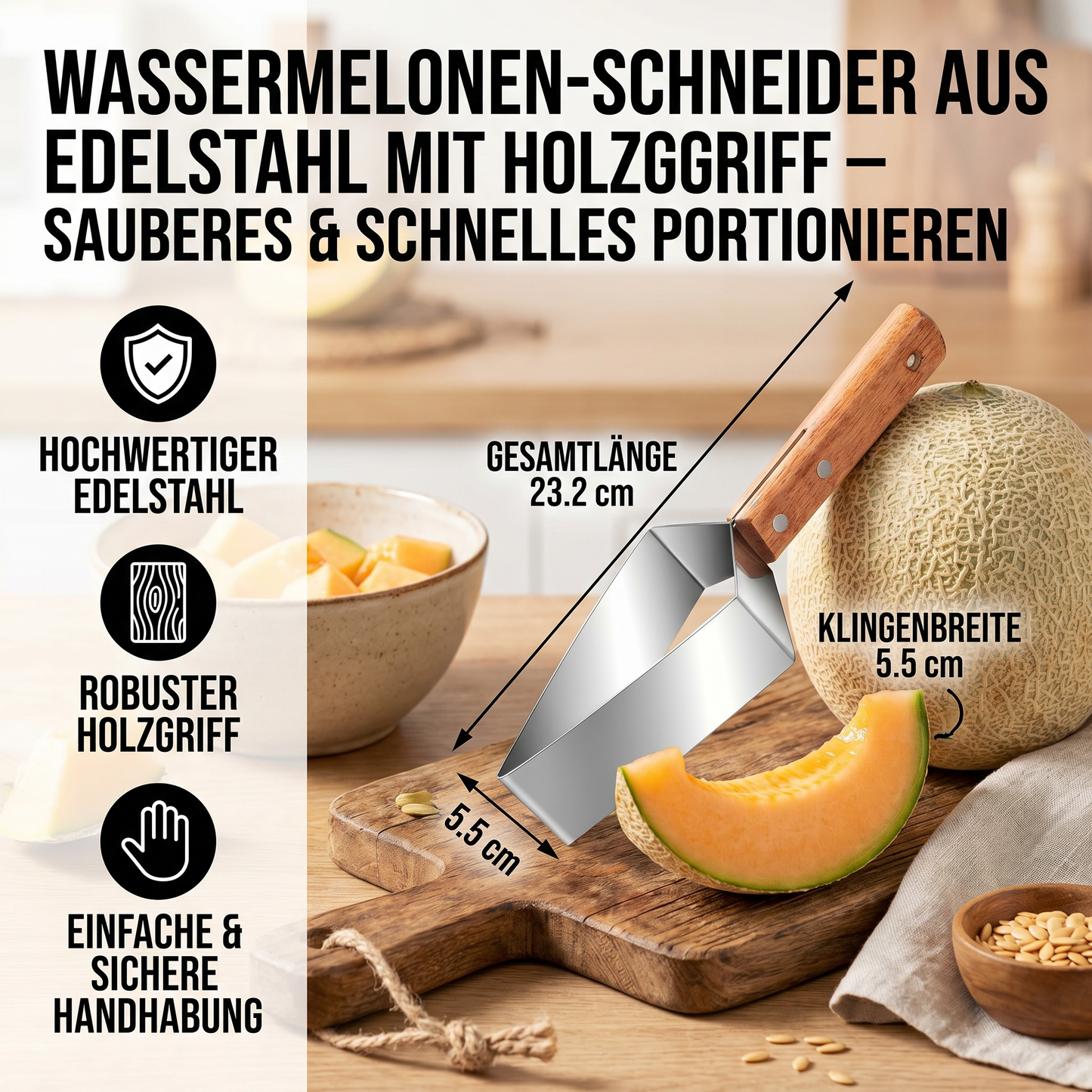 Edelstahl Wassermelonen-Teiler mit Holzgriff – Schnell - Detailansicht 5 | BEST-AMBIENCE