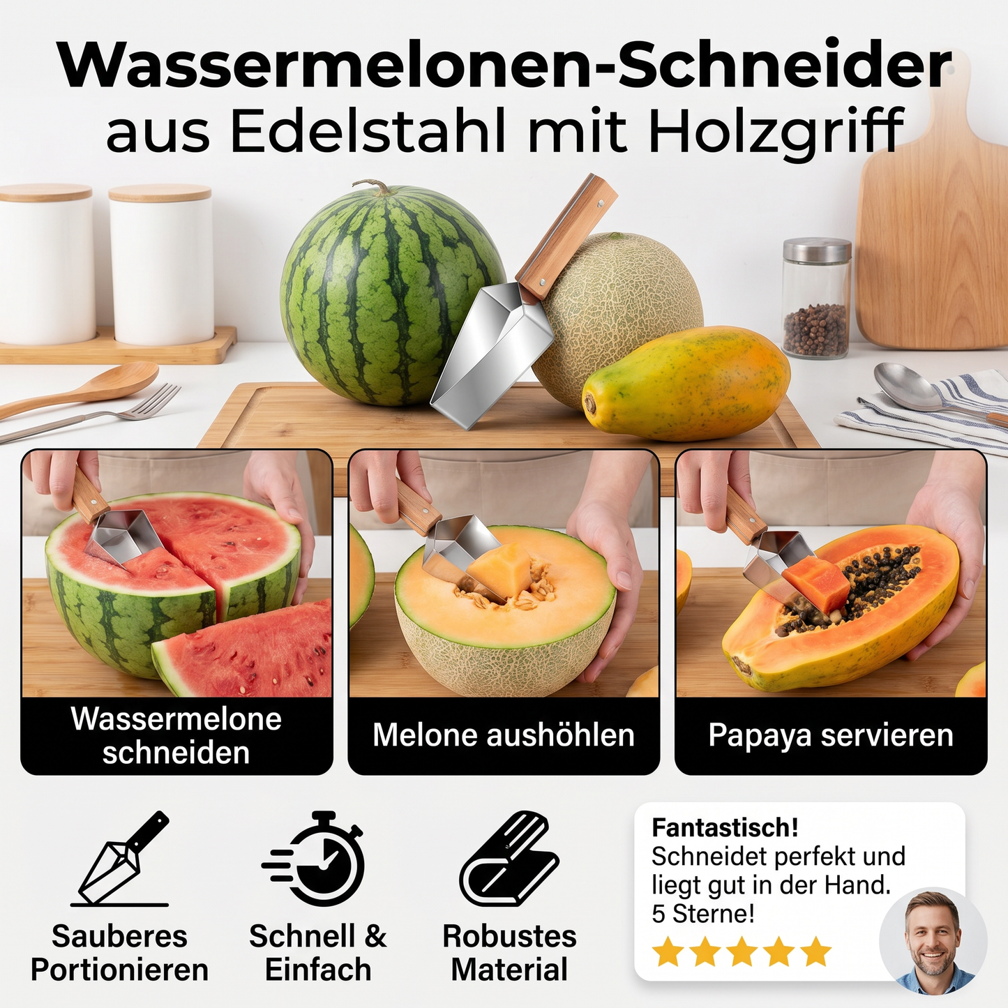 Edelstahl Wassermelonen-Teiler mit Holzgriff – Schnell - Detailansicht 3 | BEST-AMBIENCE
