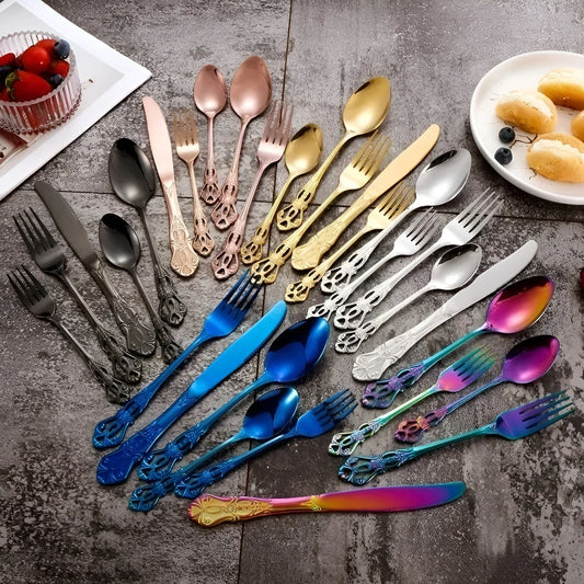 Goldbesteck-Set 24-teilig mit elegantem Dekor in Silber | BEST-AMBIENCE