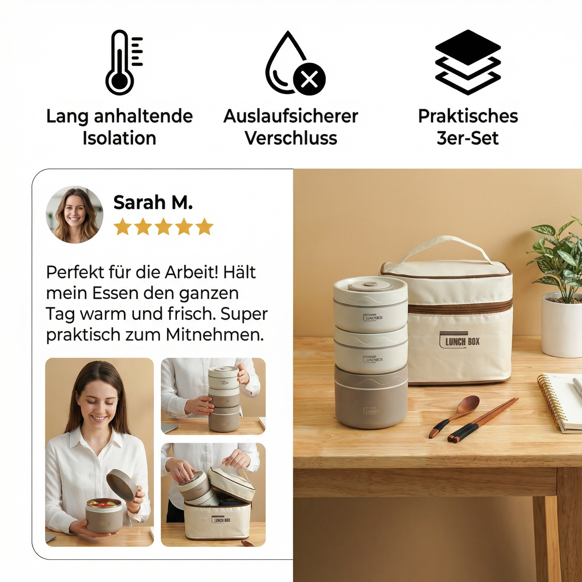 Isolierte Lunchbox Set 3-teilig – auslaufsicher & mobil - Detailansicht 3 | BEST-AMBIENCE